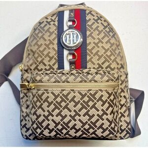 Tommy Hilfiger Small Monogram Beige Jacquard Jaden Backpack w/ Medallion